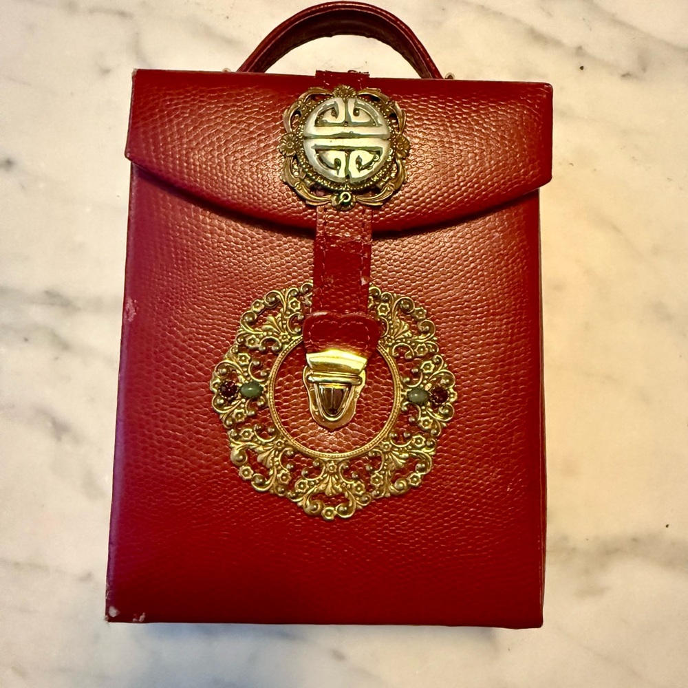 Vintage Red Leather Jewelry Travel Case with Gold Accents and Jade Medallion